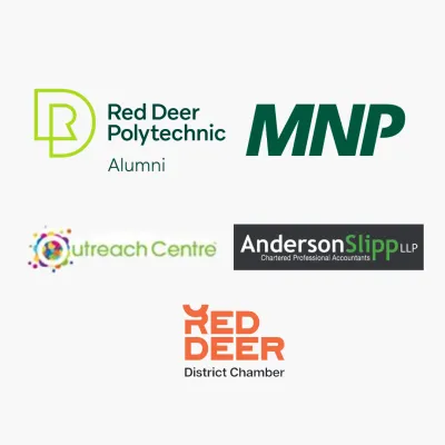 RDP Alumni, MNP, Anderson Slip LLP, Red Deer Chamber, and Outreach Centre Logos