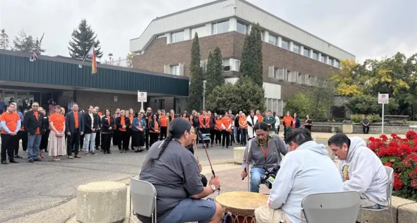 Indigenous drummers performing at the Polytechnic's flag raising ceremony