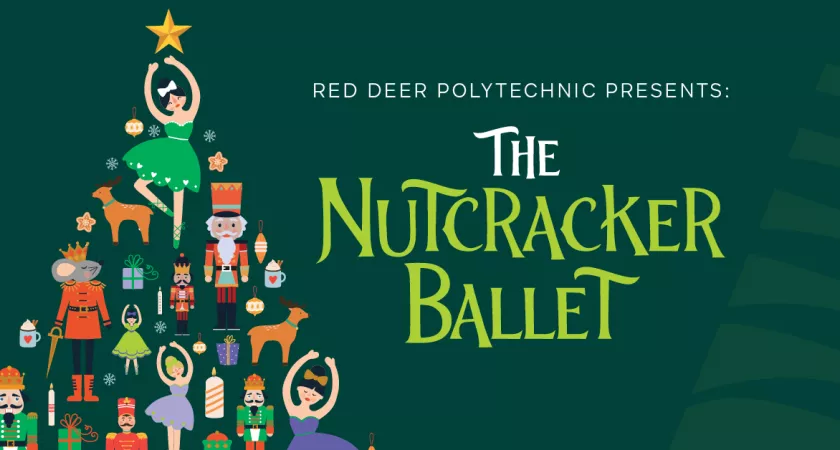 Graphic of a Christmas tree made up of Nutcracker Ballet characters with text that reads "RDP presents the Nutcracker Ballet"