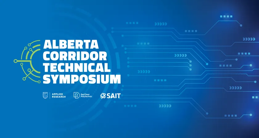 Light blue tech graphics over a darker blue background. Text reads "Alberta Corridor Technical Symposium"