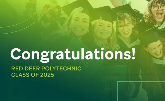 Graduating students in grad hats and gowns smiling at camera. A green gradient overlays the photo and text reads Congratulations! RDP Class of 2025