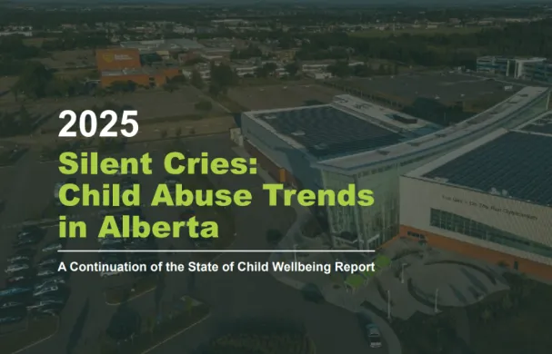 A faded picture of RDP's campus from the sky with text that reads: "Silent Cries: Child Abuse Trends in Alberta"