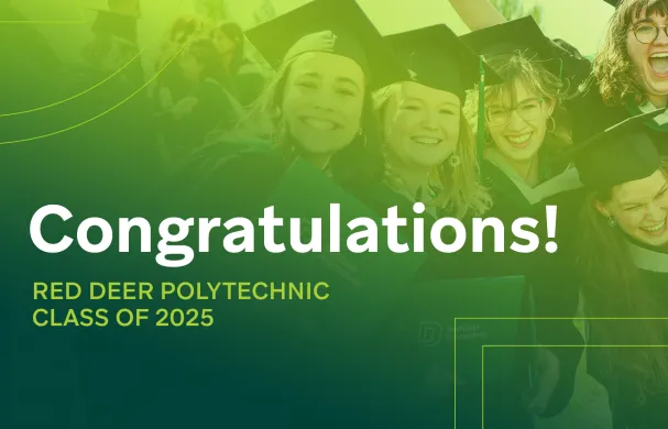 Graduating students in grad hats and gowns smiling at camera. A green gradient overlays the photo and text reads Congratulations! RDP Class of 2025