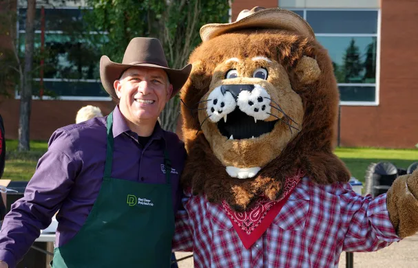 Stuart Cullum, RDP President, and Rufus, RDP mascot, at RDP's Westerner Days Pancake Breakfast on July 18, 2025
