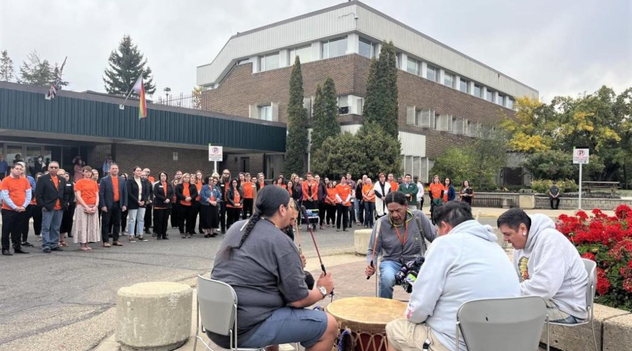 Indigenous drummers performing at the Polytechnic's flag raising ceremony