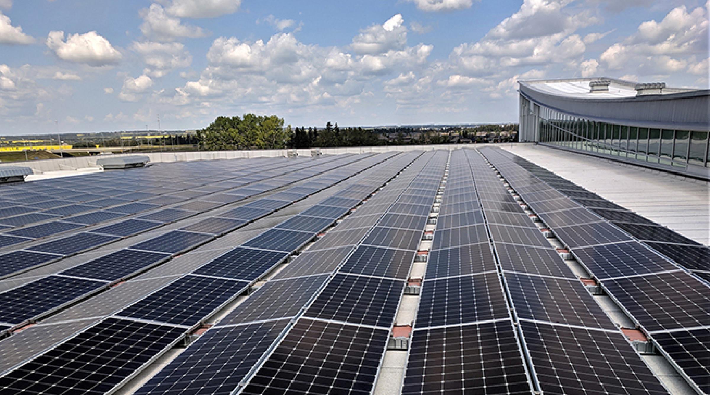 Solar panels on top of the Gary W. Harris Canada Games Centre