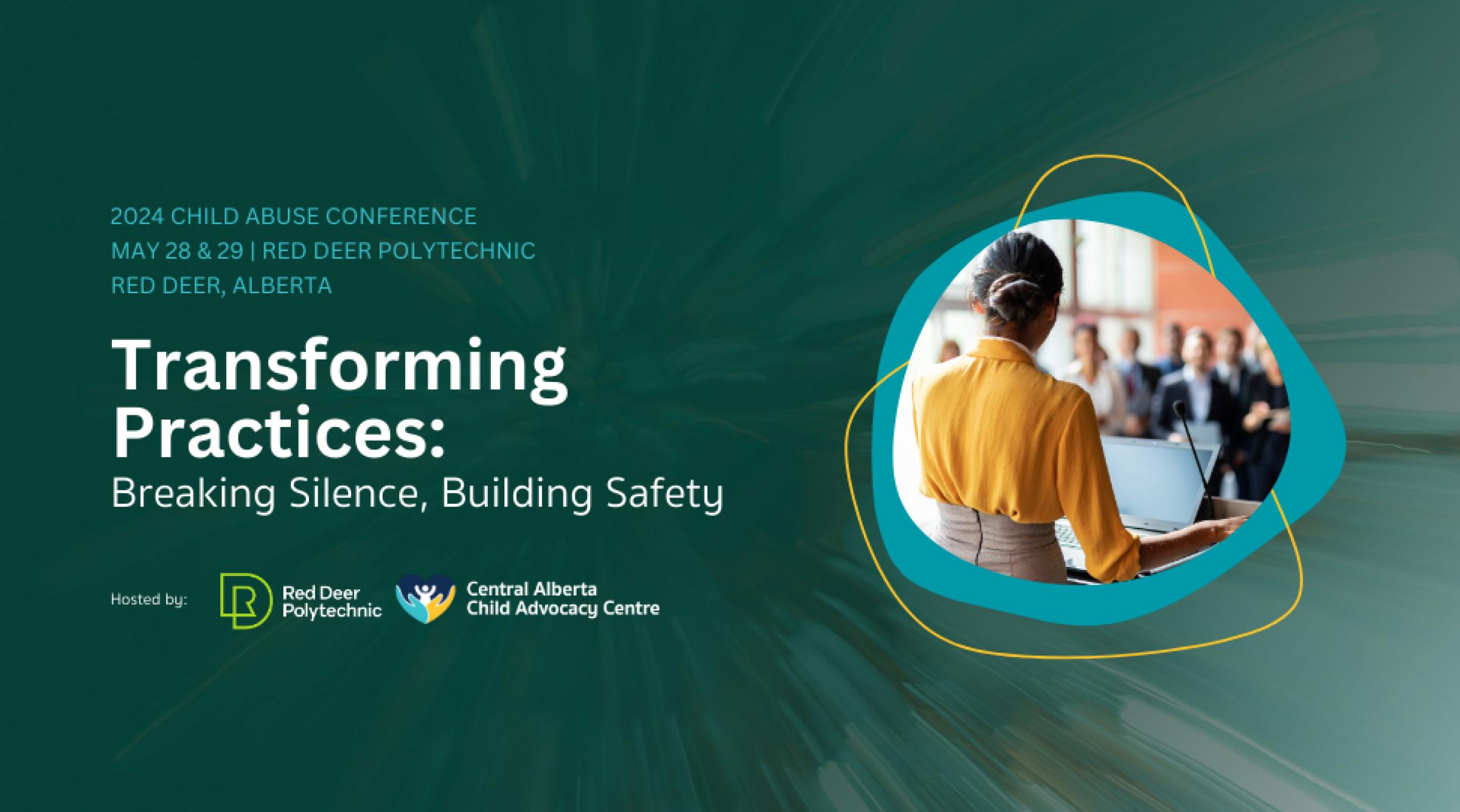 A green backdrop with a circular photo of a woman in a yellow shirt facing a crowd. The text includes the title & dates of the conference.