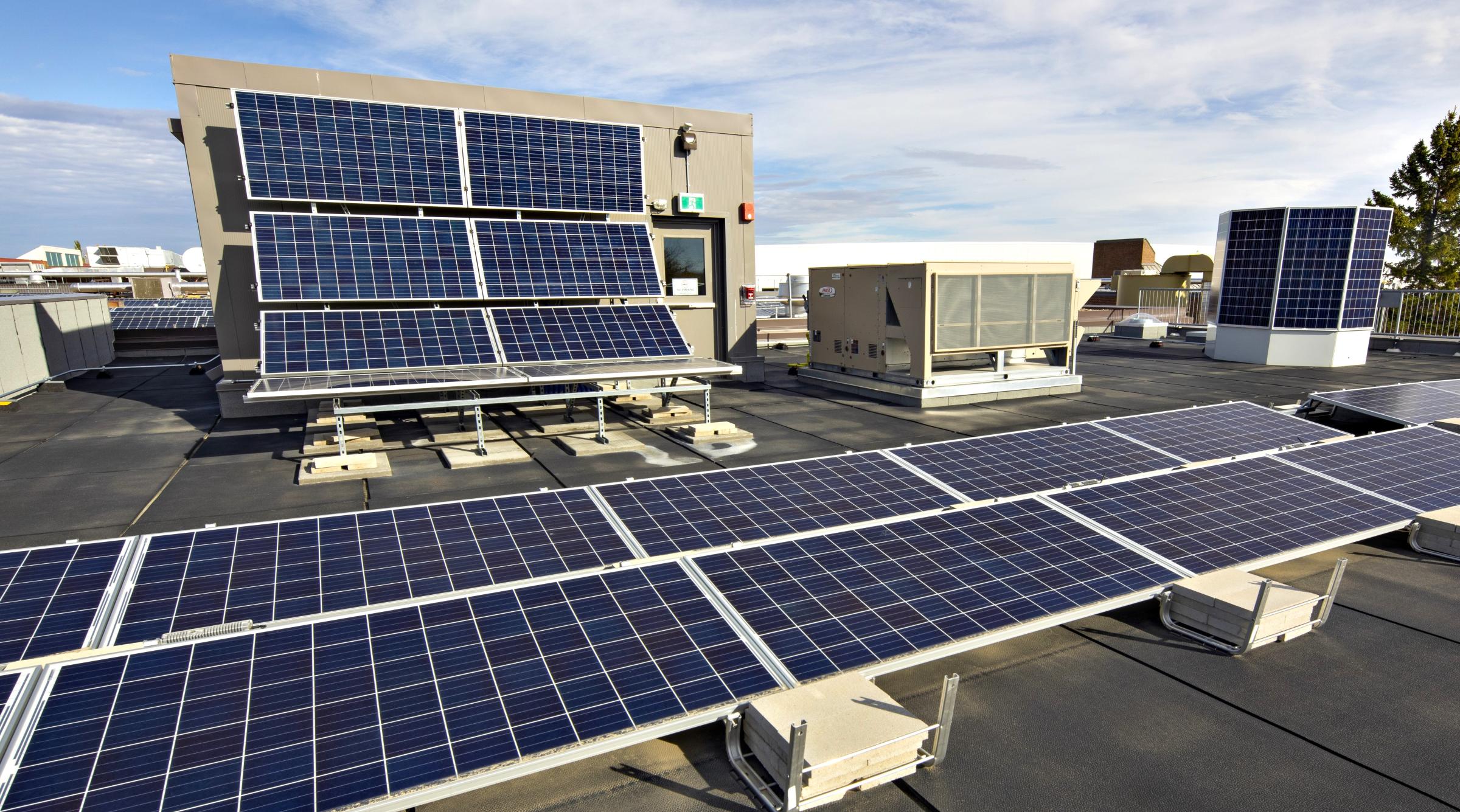 An array of solar panels on the roof of Red Deer Polytechnic