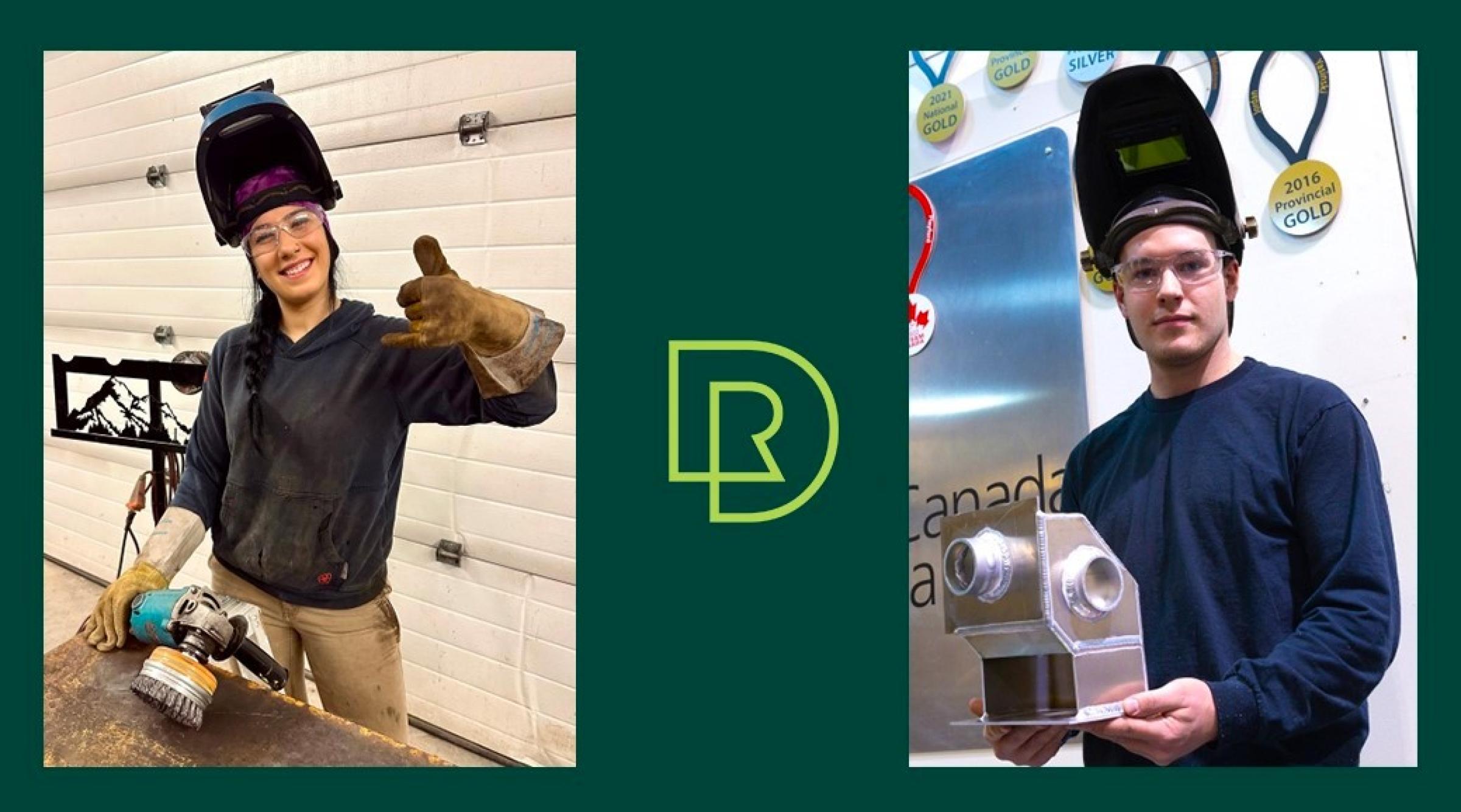 Eden Marklund throws the hang loose symbol whie wearing welding gear and Ben Rainforth smiles holding award while wearing welding helmet