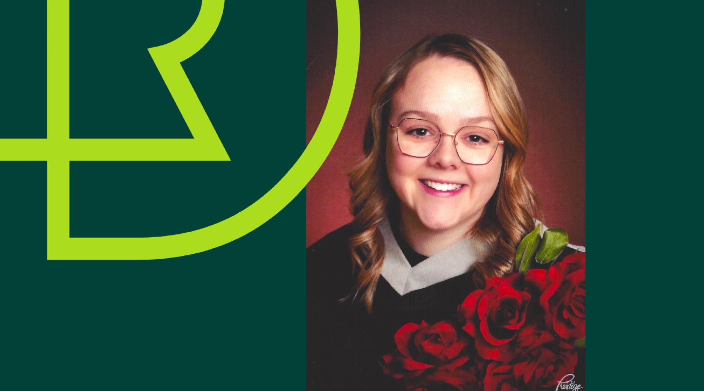 Smiling graduation photo of Catrina Amendt with RDP graphics in background