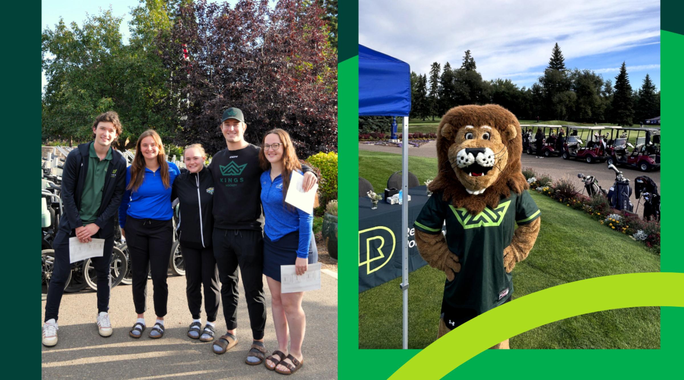 A group of RDP Athletics students smile at the camera next to Rufus the Lion, RDP's mascot