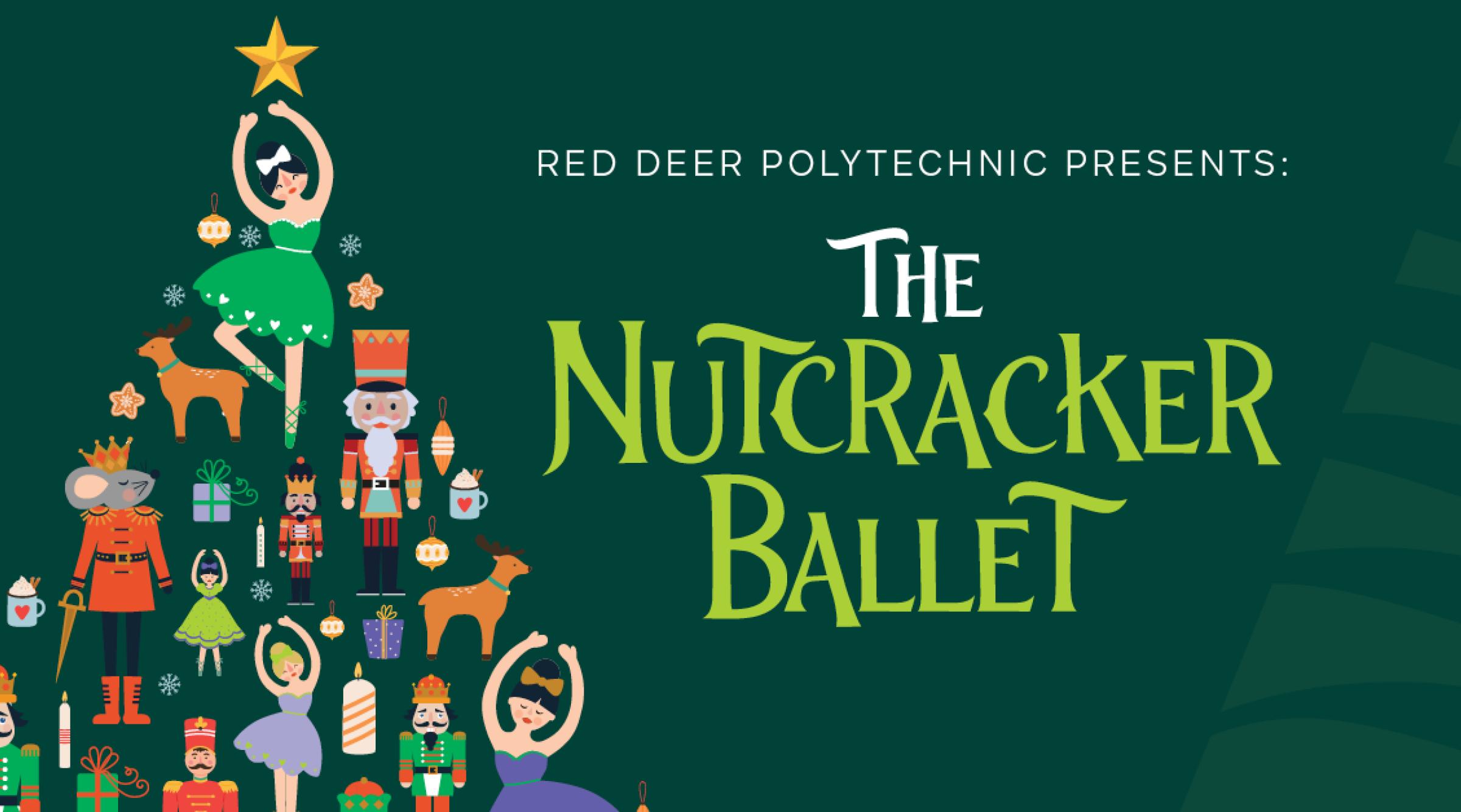 Graphic of a Christmas tree made up of Nutcracker Ballet characters with text that reads "RDP presents the Nutcracker Ballet"