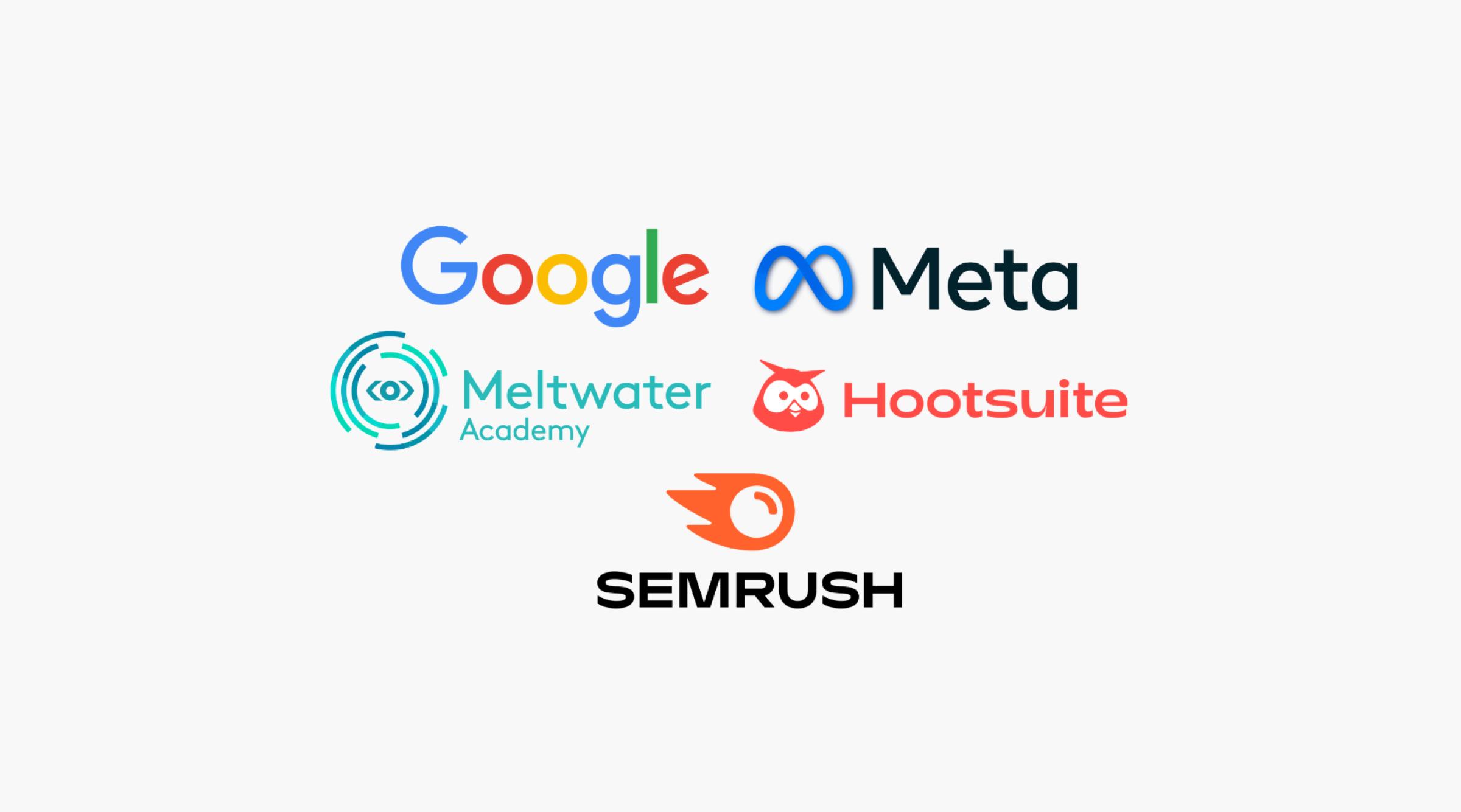 Logos of Google, Meta, Meltwater Academy, Hootsuite and SEMRush