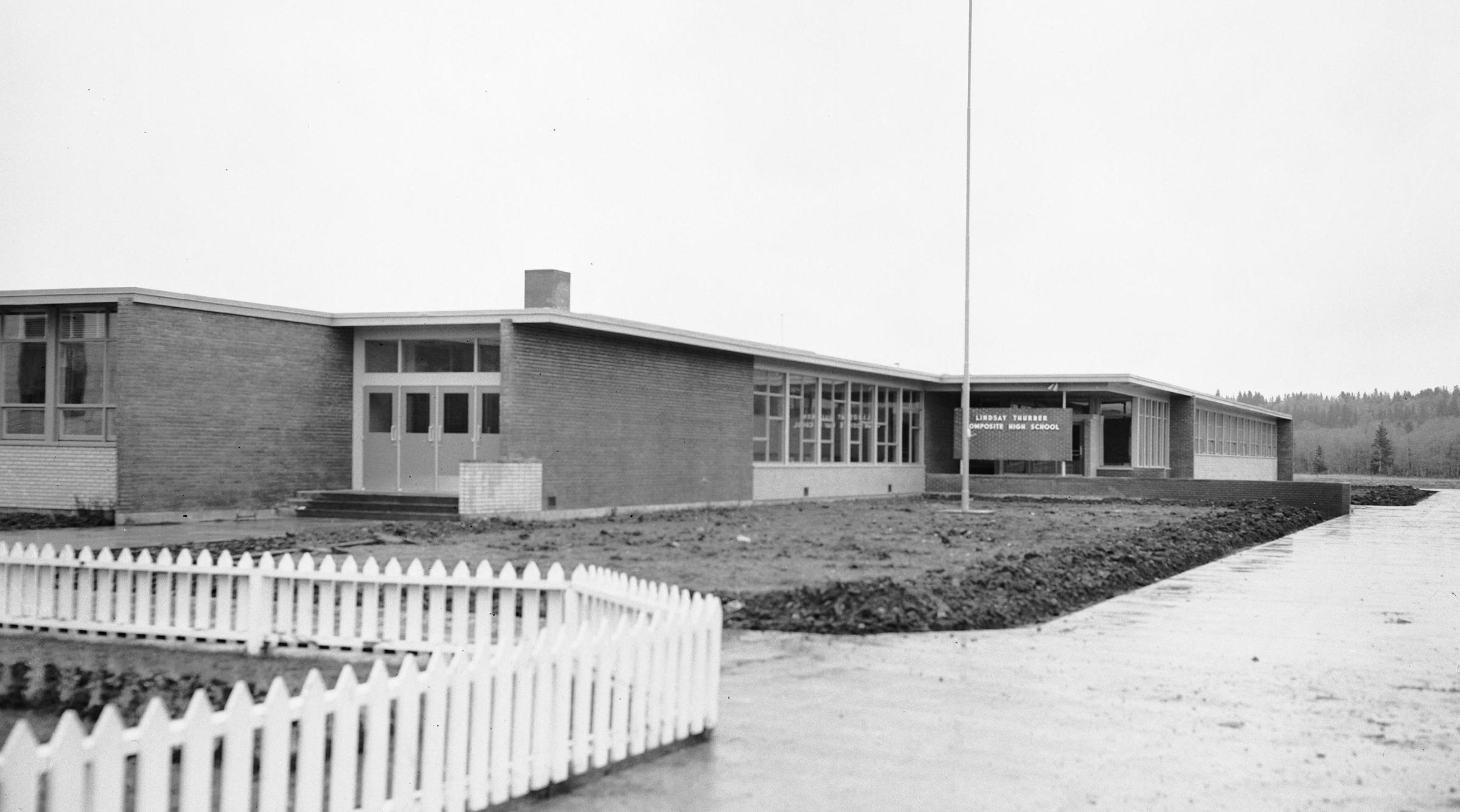 An archival photo of the LTCHS building in 1954. The first home of Red Deer College