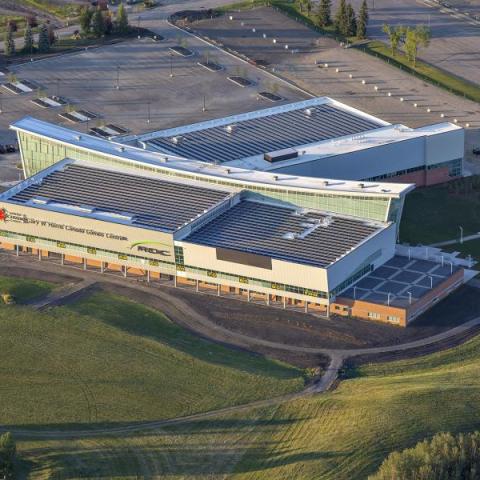 Roof top solar panels on the Gary W. Harris Canada Games Centre