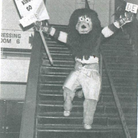 An archival photo of the original Rufus mascot from 1982. It's mildly frightening. 