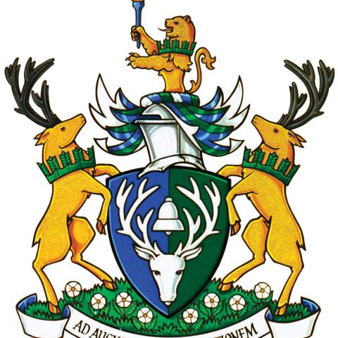 RDC's coat of arms featuring two bucks on either side of a trophy with a lion holding a torch sitting atop