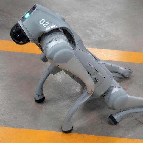Grey robot dog, Dr. Woof, sits on a concrete floor