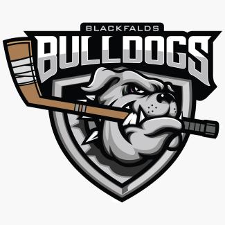 The Blackfalds Bulldogs Jr A hockey team logo. Features a grey bulldog with a hockey stick in its mouth