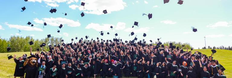 A large group of students in graduation gowns are throwing their grad caps into a clear blue sky above them