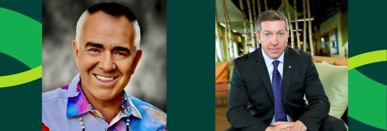 Smiling headshots of George Littlechild and Sheldon Kennedy