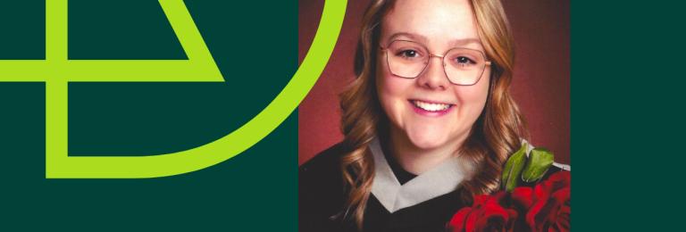 Smiling graduation photo of Catrina Amendt with RDP graphics in background