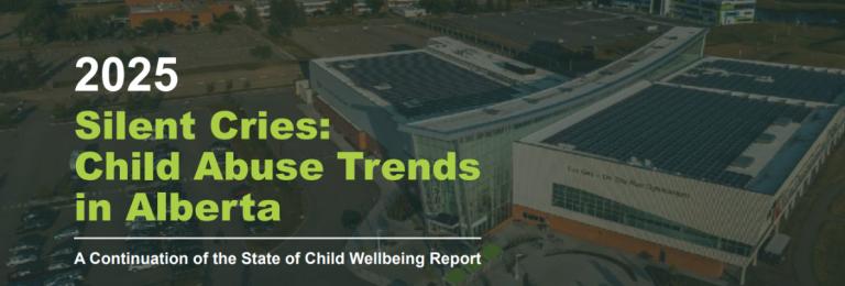 A faded picture of RDP's campus from the sky with text that reads: "Silent Cries: Child Abuse Trends in Alberta"