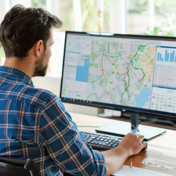 A person with blue plaid shirt, short hair beard looking at a map on a computer.