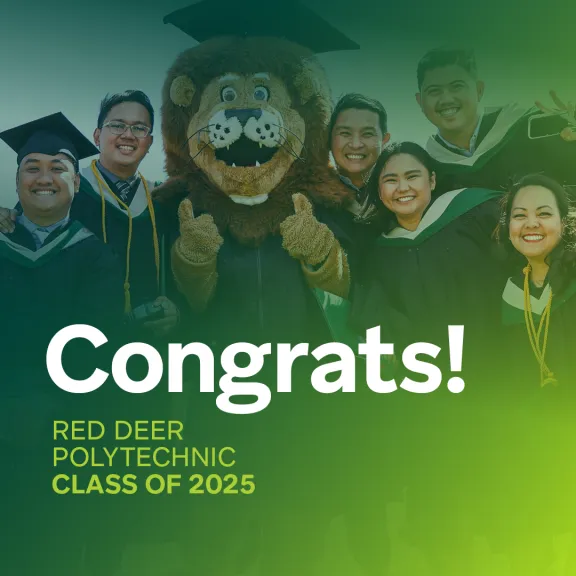 Rufus the lion poses with a group of students in grad gowns and caps. A green gradient overlay with text that reads "Congrats! RDP class of 2025"